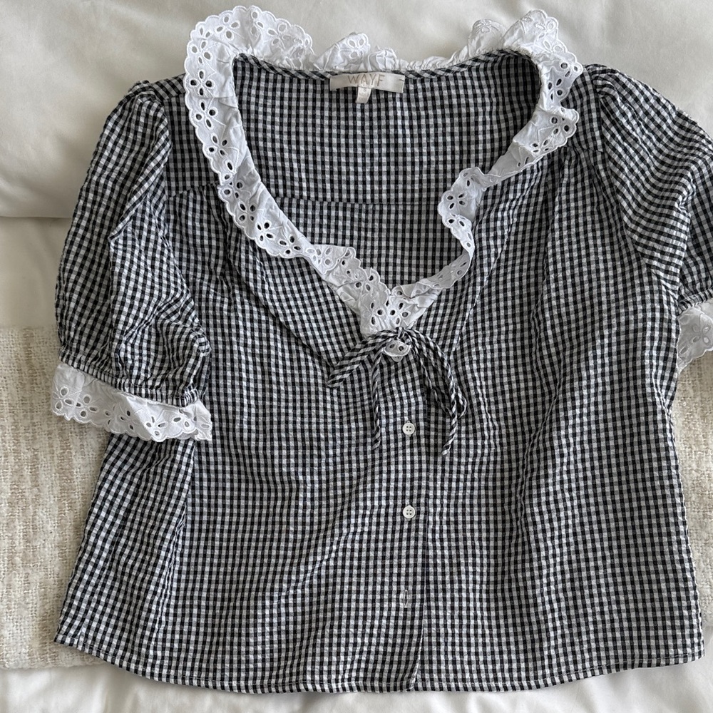 Wayf Black and White Gingham Blouse with Lace Detail
